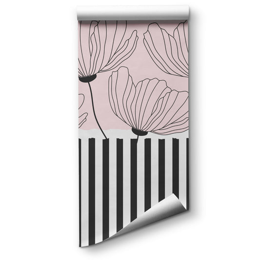 Modern Floral Stripe Peel and Stick Wallpaper -Pink