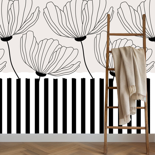 Modern Floral Stripe Peel and Stick Wallpaper -off white